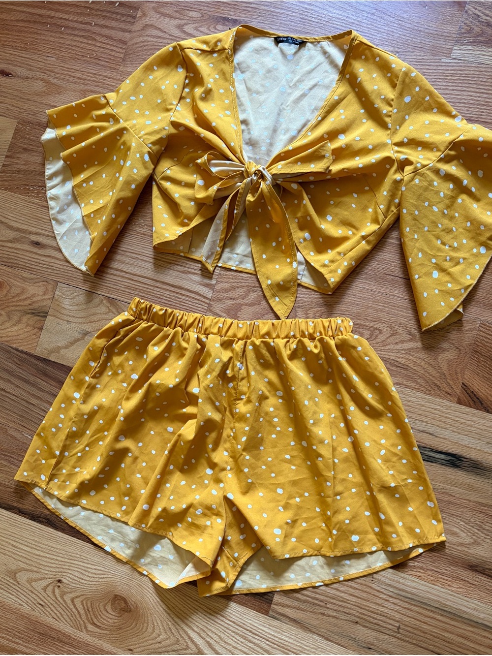 Summer dress light wear Mustard Yellow Polka Dot Tie-Front Top & Shorts Set